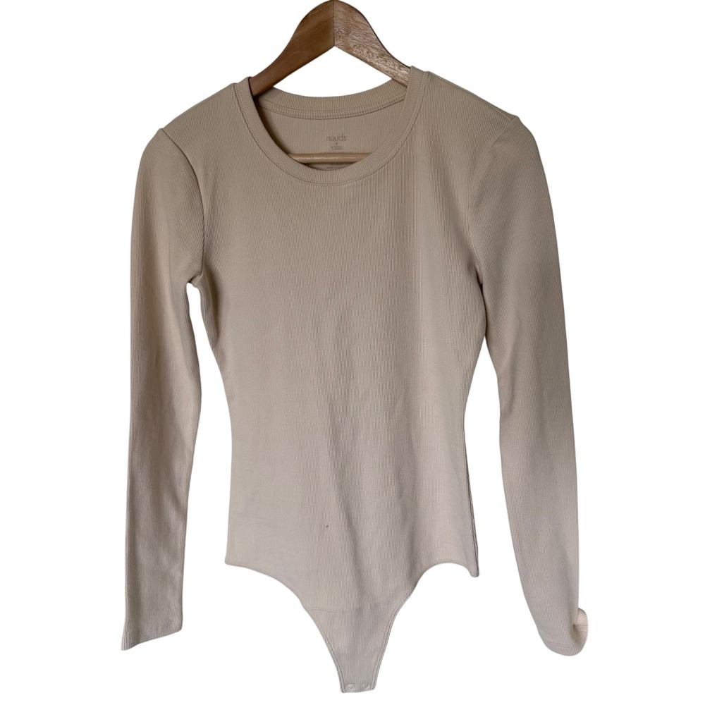 nuuds Ribbed Long Sleeve Bodysuit Womens Small Sand Good Crew Neck Snap Bottom